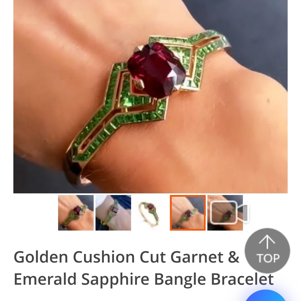Golden Cushion Cut Garnet & Emerald Gold Bangle Bracelet - Picture 4 of 5
